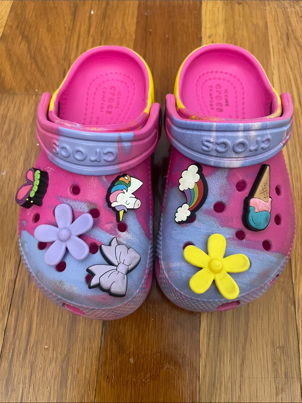 CROCS Kids Tie-Dye Pink & Purple Slip-On Clogs with Fun Charms